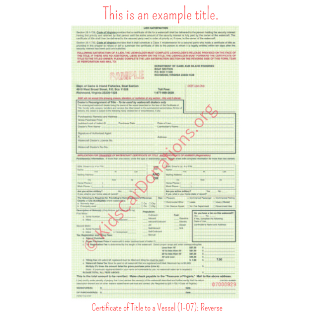 This is an Example of Virginia Certificate of Title to a Vessel (1-07) Reverse View | Kids Car Donations